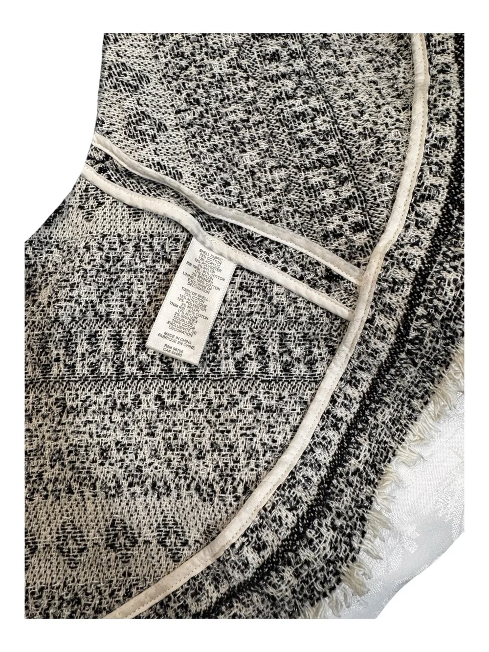 Rebecca Taylor Black White Tweed Chain Trim Raw Fringe Peplum Blazer Jacket S